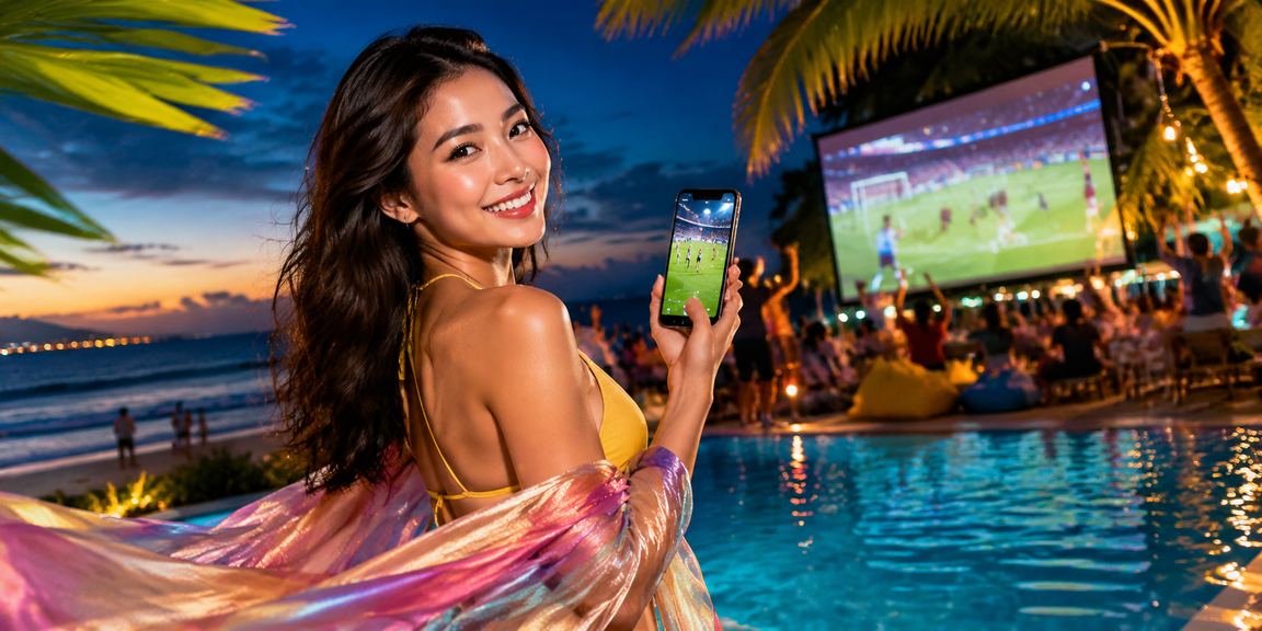 Người dùng ở bãi biển Vũng Tàu xem kèo bóng đá trên điện thoại